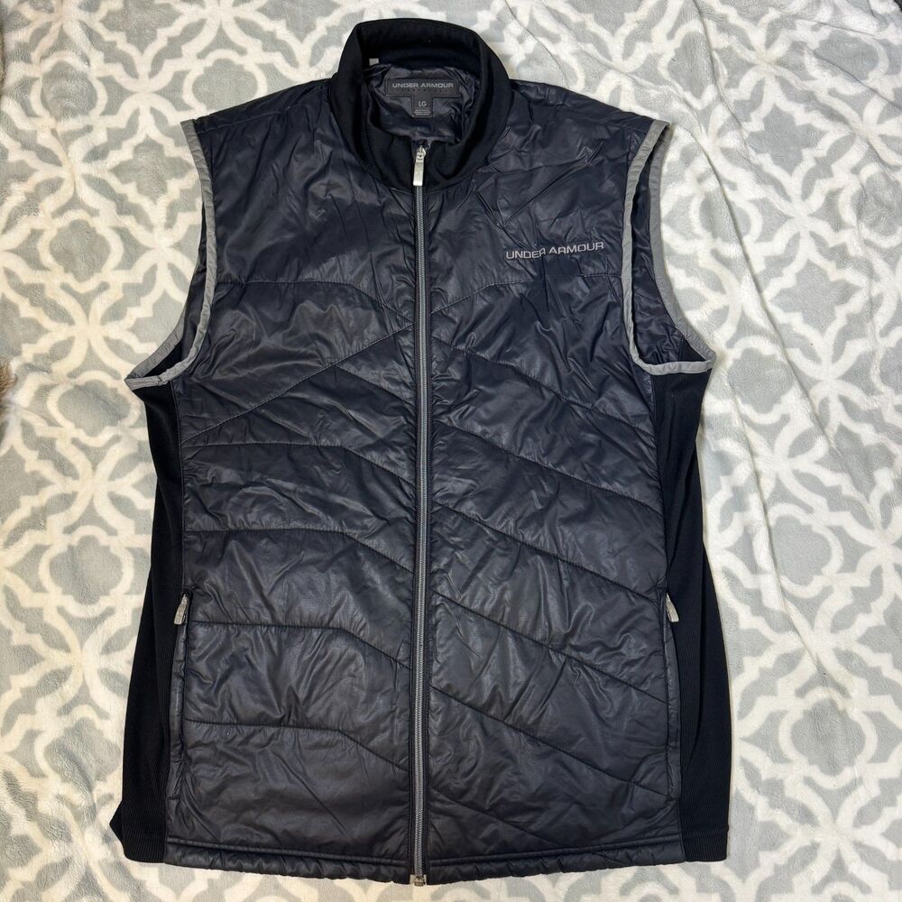 Under Armour Men's Large Black Quilted Puffer Vest Full Zip Ribbed Trim